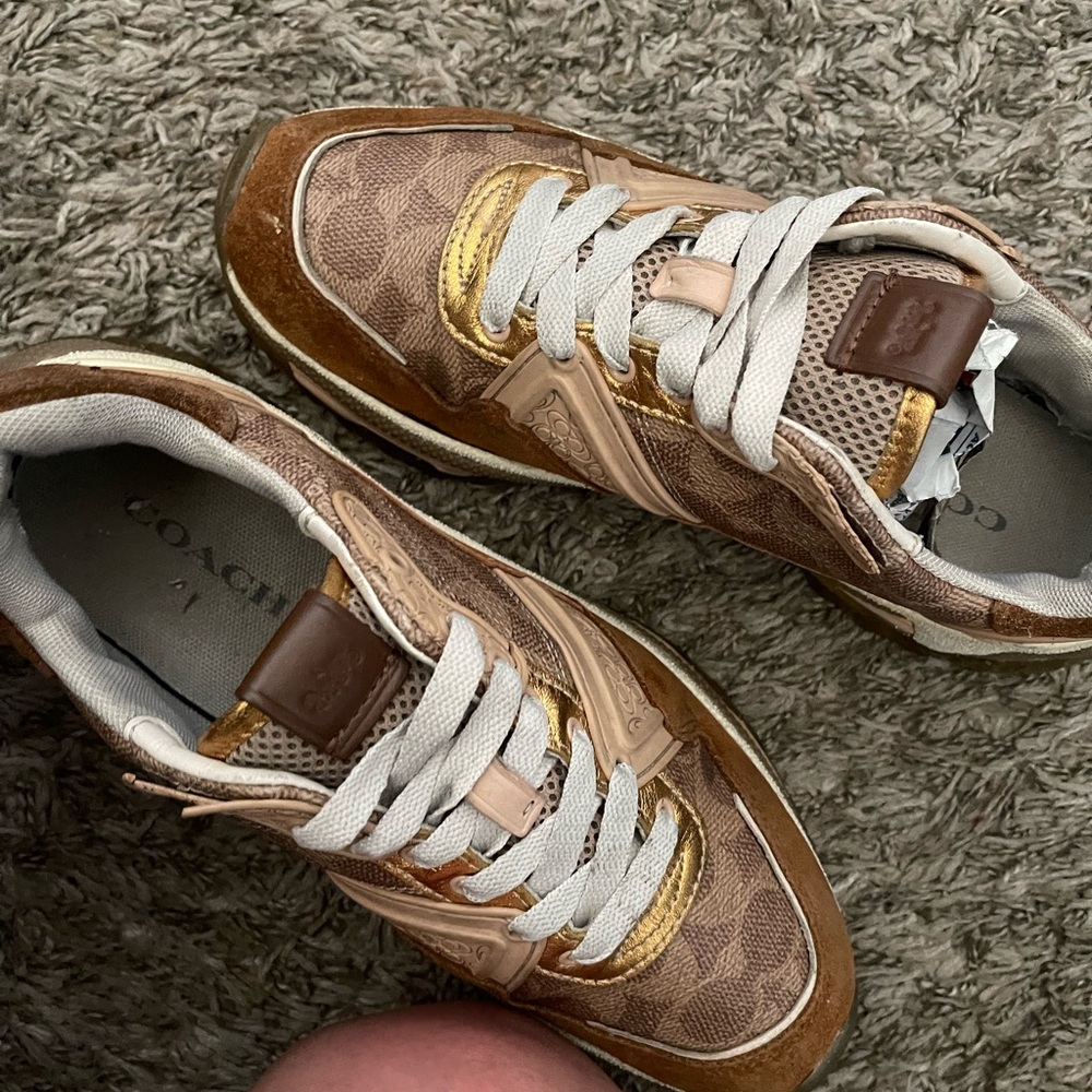 Coach Tan and Gold Lace-Up Sneakers